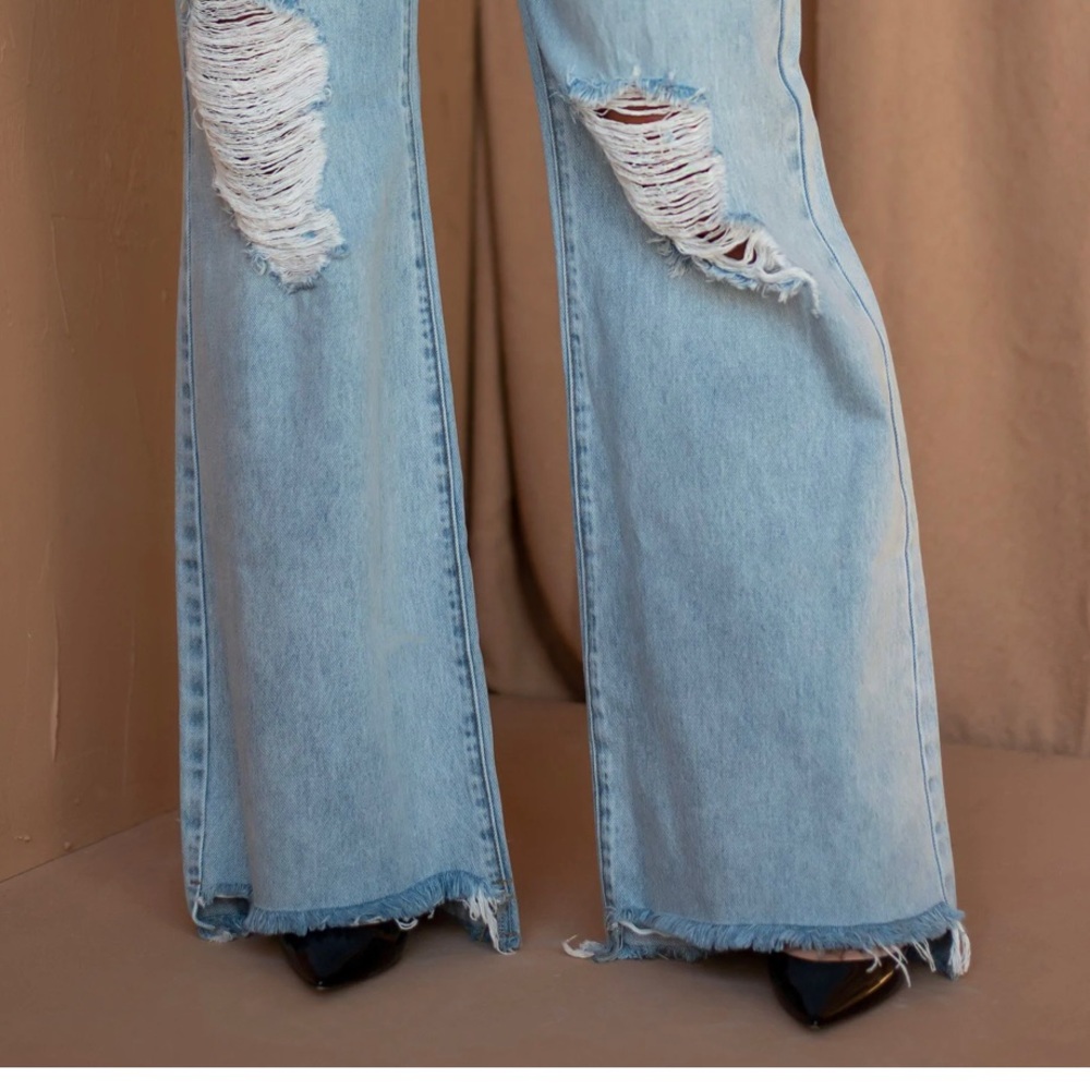 By Egreis Archie Jean Women Large Blue Denim Wide Leg High Waist Crisscross NEW - Picture 15 of 15